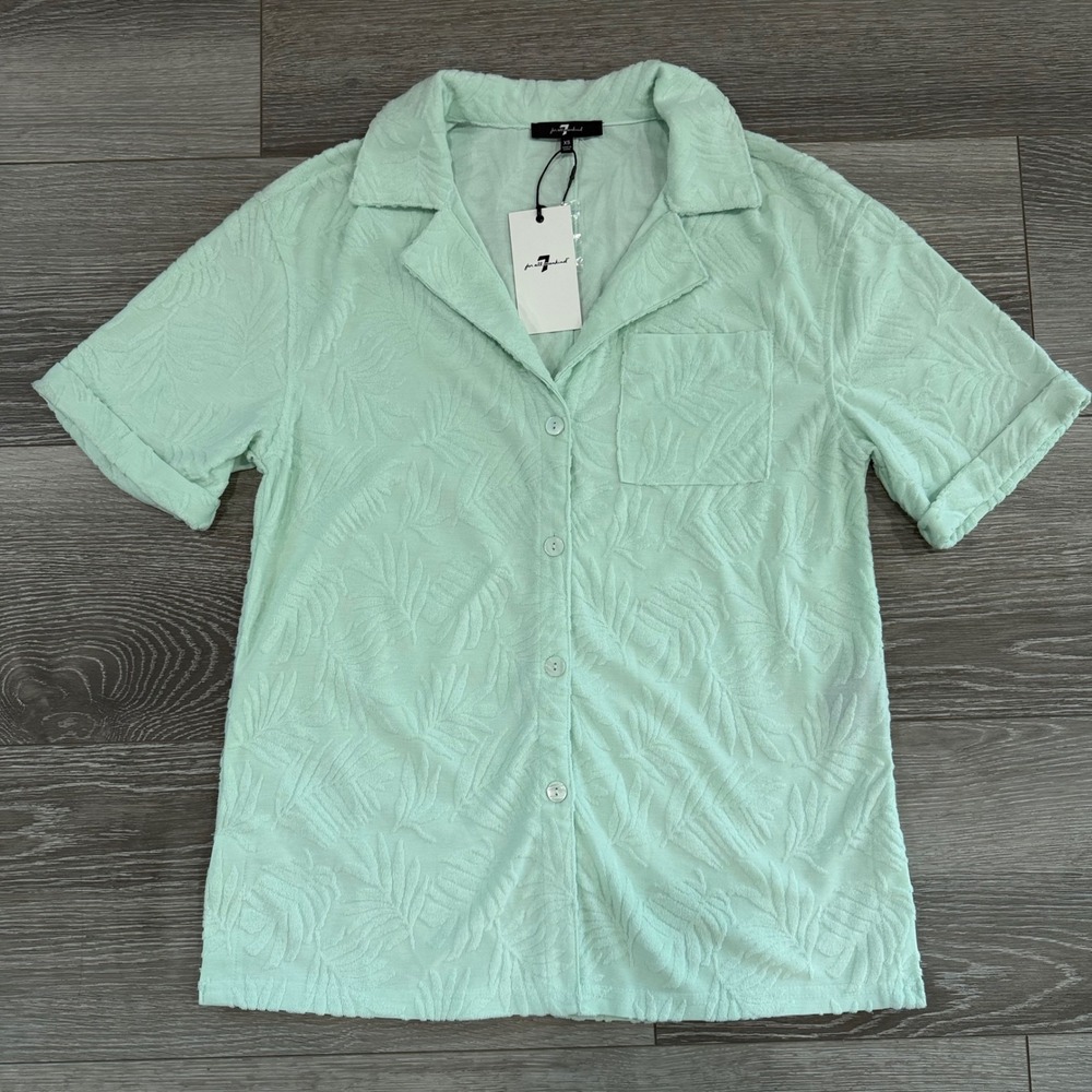 7 For All Mankind Mint Green Terry Cloth Palm Leaf Button Up Shirt Womens XS New